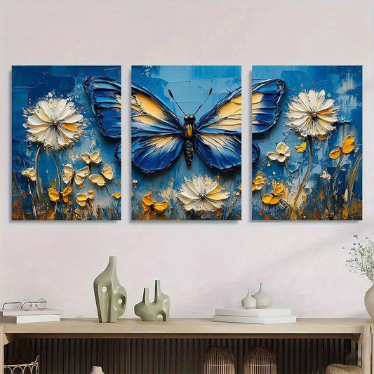 3pcs Blue Butterflies & Dandelion Flowers Metal Print Ready to Hang Art