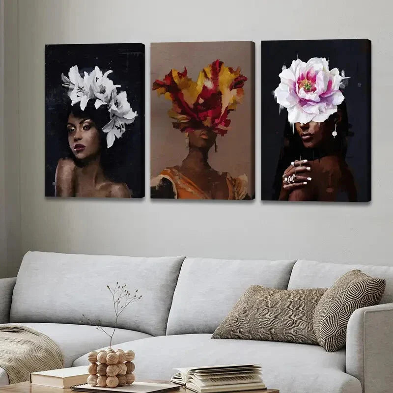 3pcs Fashion Portraits Floral Headpieces Black Wall Art Set Canvas Framed 40x60cm - High Quality Print 100% Australian Made Wall Canvas Ready to Hang