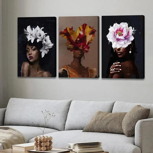 3pcs Fashion Portraits Floral Headpieces Black Wall Art Set Canvas Framed 40x60cm - High Quality Print 100% Australian Made Wall Canvas Ready to Hang