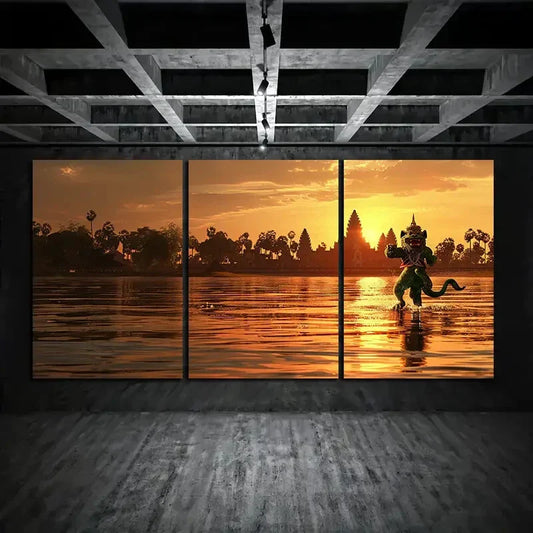 3pcs Sunset Vibrant Green Figure & Ancient Ruins Metal Print Ready to Hang Art