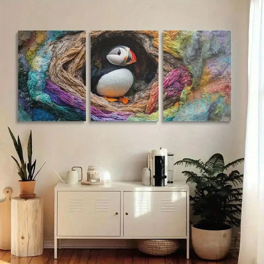 3pcs Sea Parrot Yarn Craft Puffin In A Tree Metal Print Ready to Hang Art