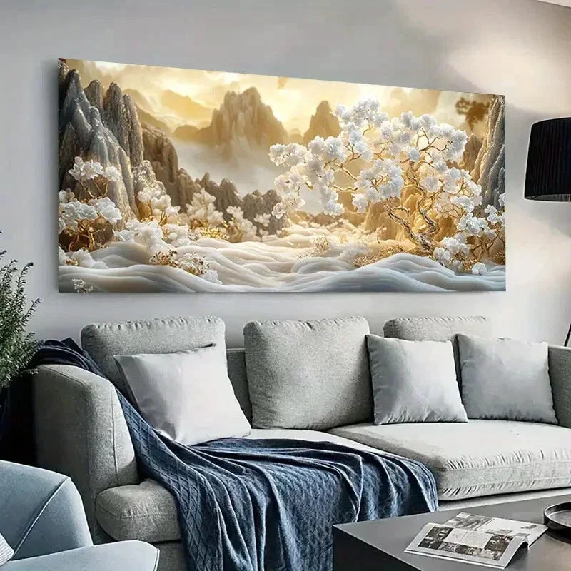 Snowy Peaks White Blossoms wall canvas office home room framed 120x60cm
