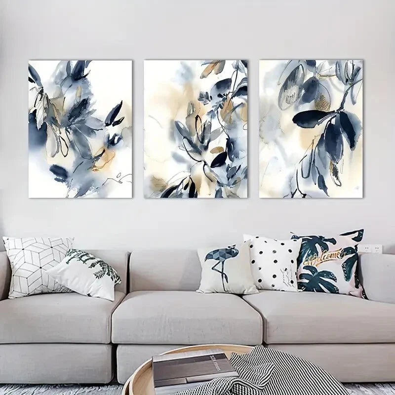 3pcs  Floral Abstract Ink Painting Metal Print Ready to Hang Art