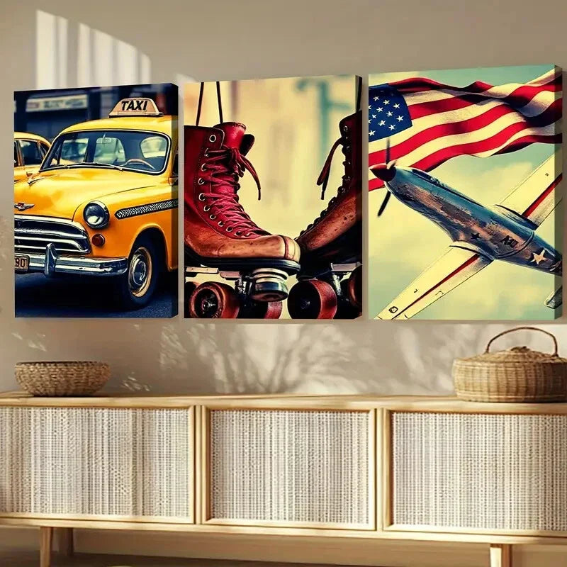 3pcs Retro American Classic Modern Style Car Wall Art Set Canvas Framed 40x60cm - High Quality Print 100% Australian Made Wall Canvas Ready to Hang