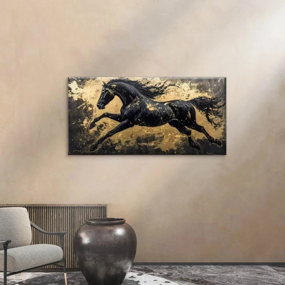 Abstract Horse Black, Golden Wall Art Canvas Office Home Room Framed 80x45cm