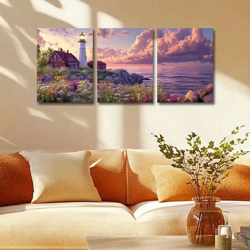 3pcs Lighthouse, Vibrant Sunset & Ocean Scenery Metal Print Ready to Hang Art