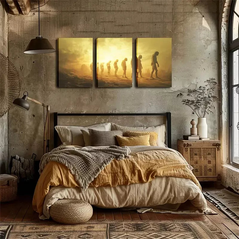 3pcs Human Evolution Theme, Warm Sunset Gradient  Wall Art Set Canvas Framed 40x60cm - High Quality Print 100% Australian Made Wall Canvas Ready to Hang