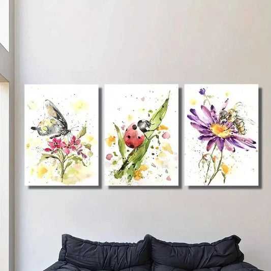 3pcs Butterfly, Ladybug & Bee Flowers & Insects Metal Print Ready to Hang Art
