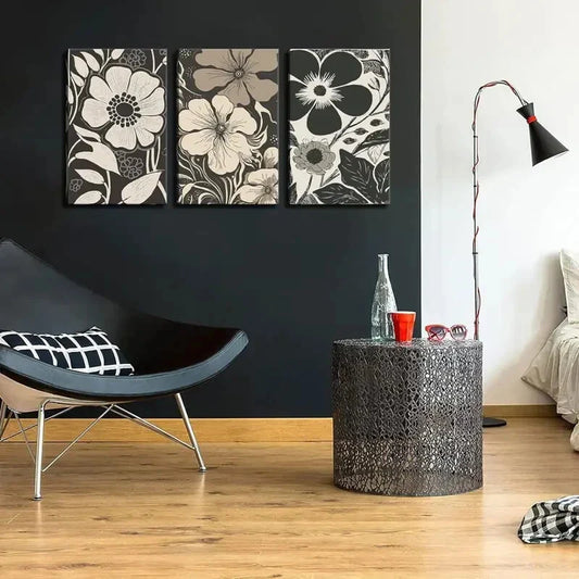 3pcs Abstract Flowers And Plants Stylish Black Metal Print Ready to Hang Art
