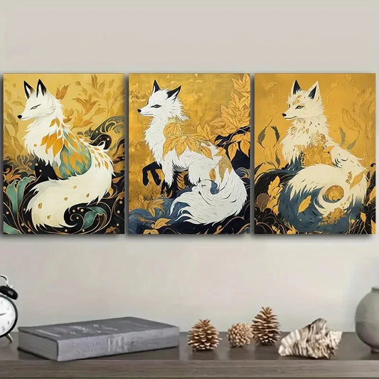 3pcs A platinum fox Art Painting Metal Print Ready to Hang Art