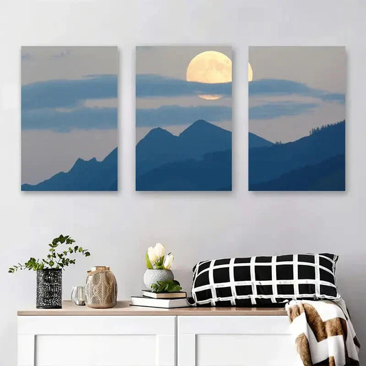 3pcs Night Sky with Full Moon Over Peaks Metal Print Ready to Hang Art