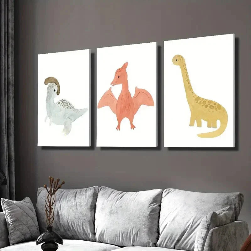 3pcs Cute Cartoon Dinosaurs Decoration Wall Art Set Canvas Framed 40x60cm - High Quality Print 100% Australian Made Wall Canvas Ready to Hang