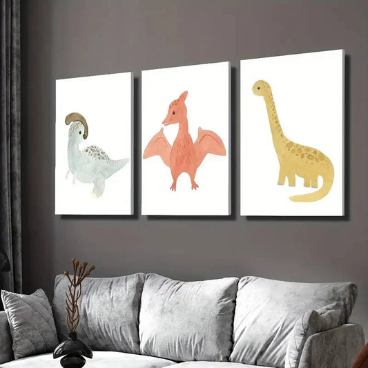 3pcs Cute Cartoon Dinosaurs Decoration Wall Art Set Canvas Framed 40x60cm - High Quality Print 100% Australian Made Wall Canvas Ready to Hang