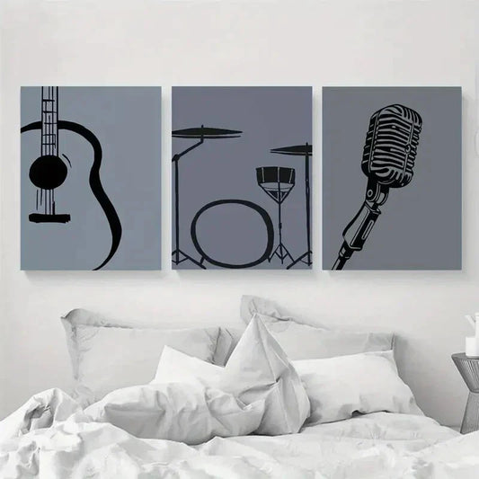 3pcs Creative Guitar Drum Microphone Painting Metal Print Ready to Hang Art