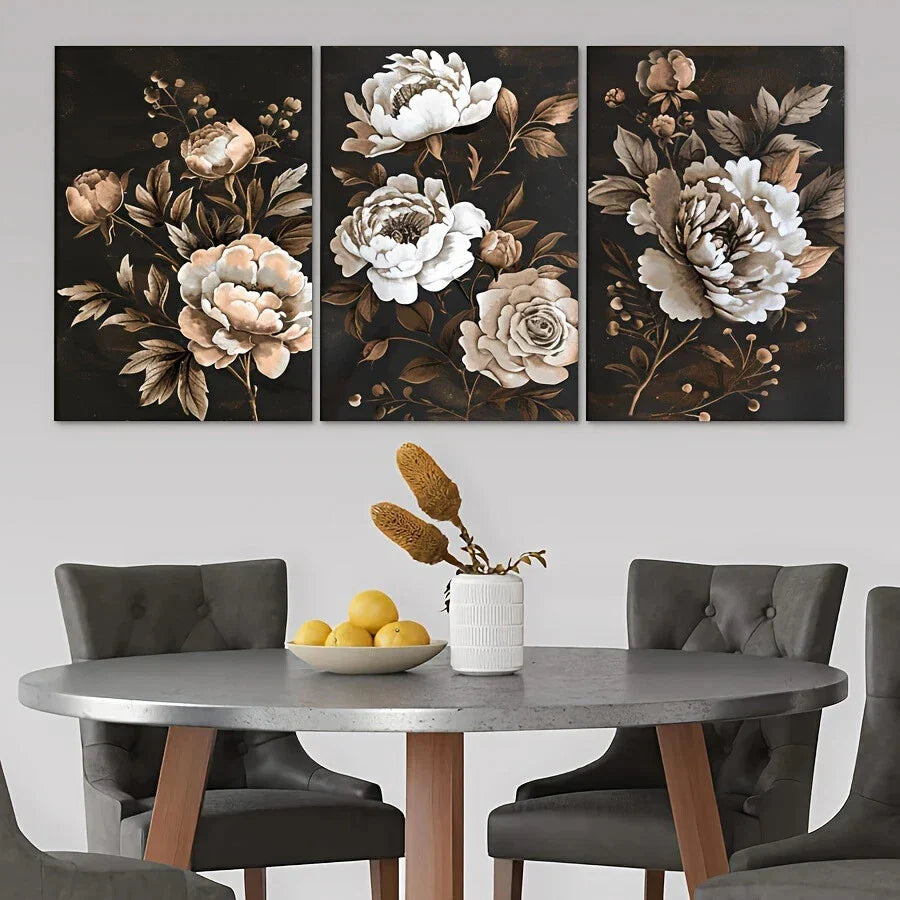 3pcs Vintage Flowers Modern Style Metal Print Ready to Hang Art