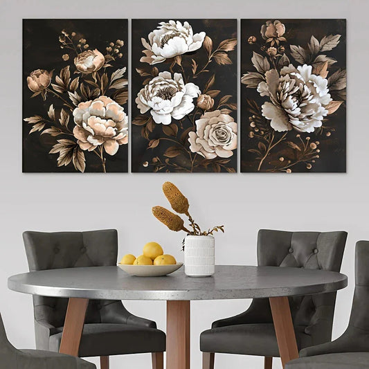 3pcs Vintage Flowers Modern Style Metal Print Ready to Hang Art