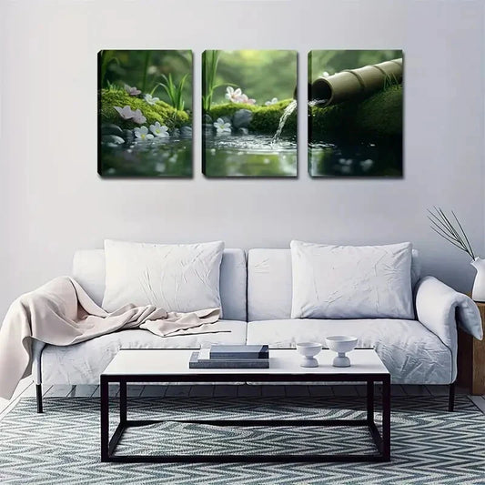 3pcs Green moss Black pebble wading Realistic Wall Art Set Canvas Framed 40x60cm - High Quality Print 100% Australian Made Wall Canvas Ready to Hang