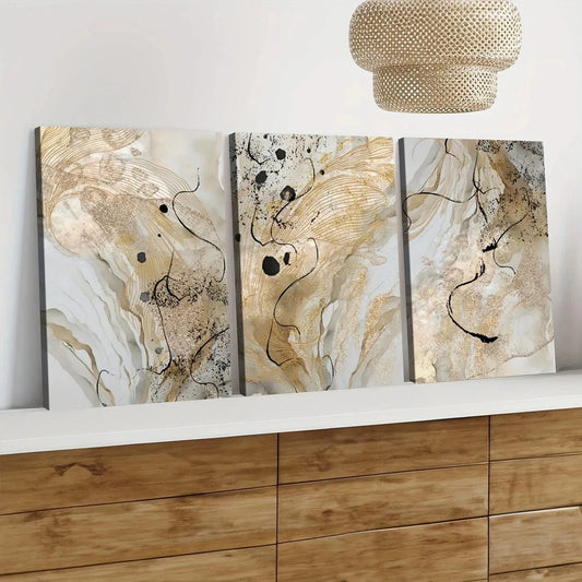 3pcs Golden Marble Abstract Golden Black Lines Wall Art Set Canvas Framed 40x60cm - High Quality Print 100% Australian Made Wall Canvas Ready to Hang