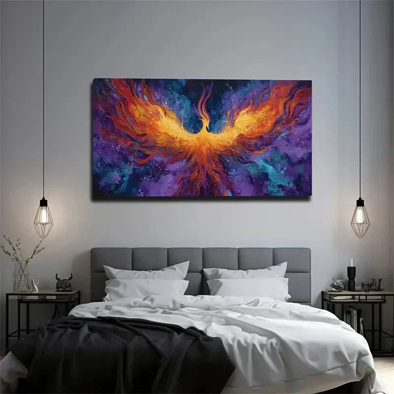 Phoenix In Nebula With Flames Wall Art Canvas Office Home Room Framed 120x60cm