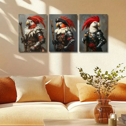 3pcs Vibrant Parrot Pirate Illustrations Metal Print Ready to Hang Art