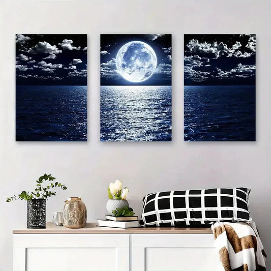 3pcs Moonlit Ocean Night Sky with Full Moon Metal Print Ready to Hang Art