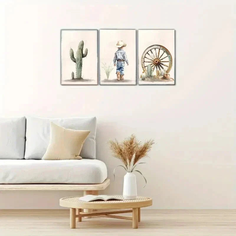 3pcs Aesthetic Cactus Print with Cowboy Western Hat Metal Print Ready toHang Art