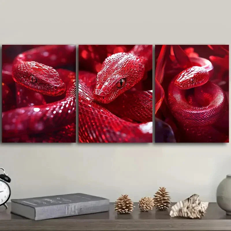 3pcs Red Crystal Snake Design, Wall Art Set Canvas Framed 40x60cm - High Quality Print 100% Australian Made Wall Canvas Ready to Hang