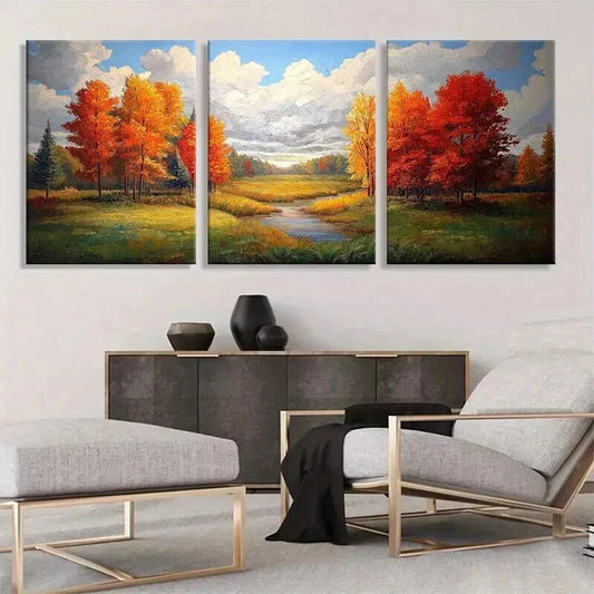 3pcs Flowing Stream and Golden Foliage Prefect Wall Art Set Canvas Framed 40x60cm - High Quality Print 100% Australian Made Wall Canvas Ready to Hang
