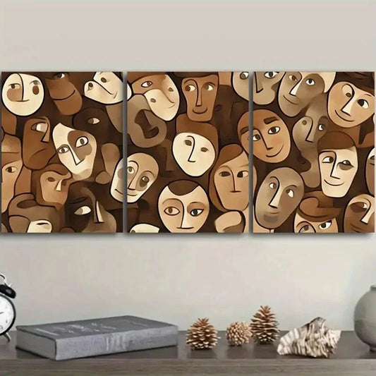 3pcs Modern Brown and Beige Faces Metal Print Ready to Hang Art