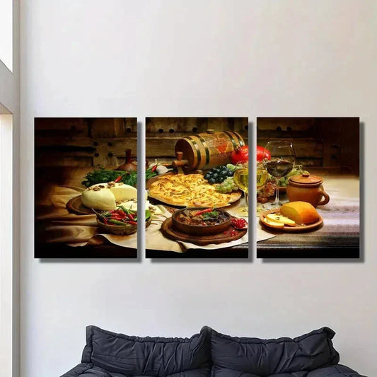 3pcs Georgian cuisine, pizza cheese and wine Metal Print Ready to Hang Art