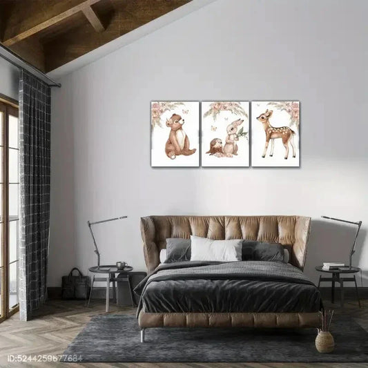 3pcs Bear Rabbit Deer, Butterfly Floral Art Metal Print Ready to Hang Art
