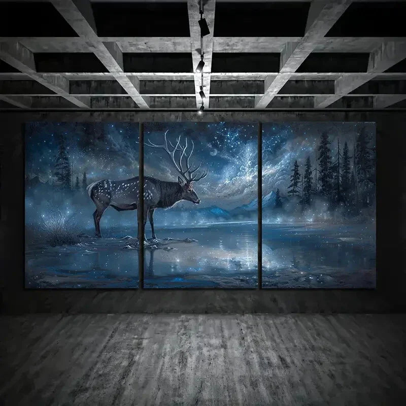 3pcs Enchanted Forest Deer Night Sky Metal Print Ready to Hang Art