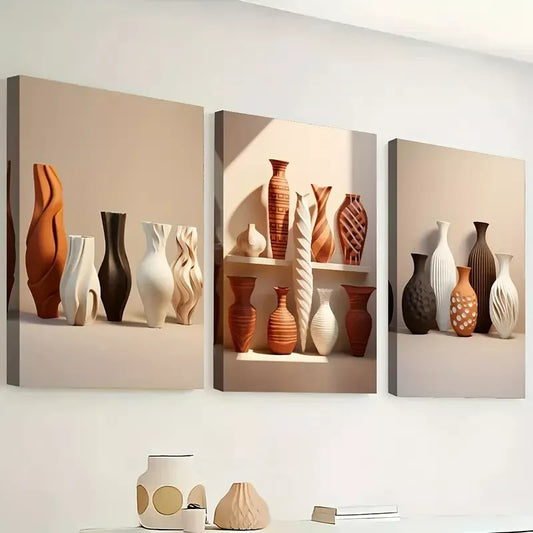 3pcs Featuring Solid Patterned Ceramic Bottle  Wall Art Set Canvas Framed 40x60cm - High Quality Print 100% Australian Made Wall Canvas Ready to Hang