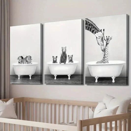 3pcs Pigs Bears and Giraffes in Bathtubs Wall Art Set Canvas Framed 40x60cm - High Quality Print 100% Australian Made Wall Canvas Ready to Hang