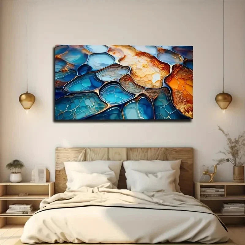 Vibrant Blue & Orange Marble Wall Art Canvas Office Home Room Framed 120x60cm