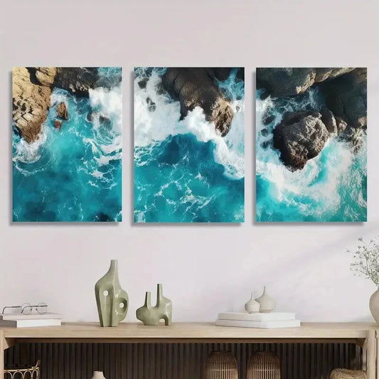 3pcs Vibrant Blue Ocean Waves Seaside Scenery Metal Print Ready to Hang Art