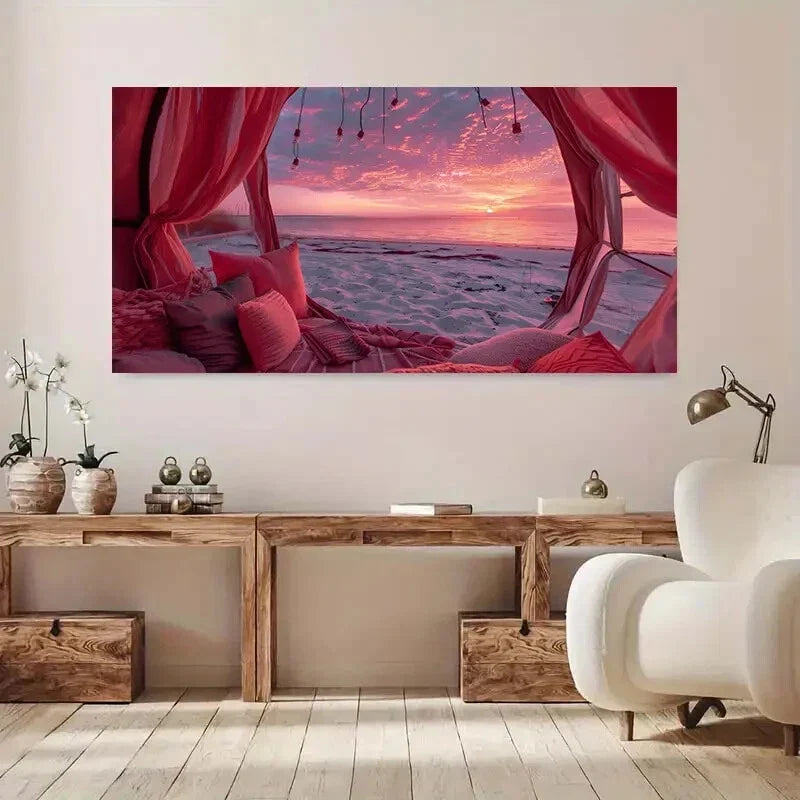 Vibrant Red Drapes Warm Light Wall Art Canvas Office Home Room Framed 120x60cm