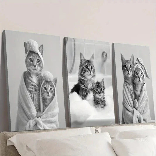 3pcs Adorable Black and White Cat Wall Art Set Canvas Framed 40x60cm - High Quality Print 100% Australian Made Wall Canvas Ready to Hang