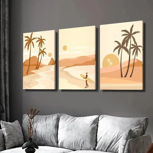 3pcs Palm Trees at Sunset Surfer on the Shore Wall Art Set Canvas Framed 40x60cm - High Quality Print 100% Australian Made Wall Canvas Ready to Hang