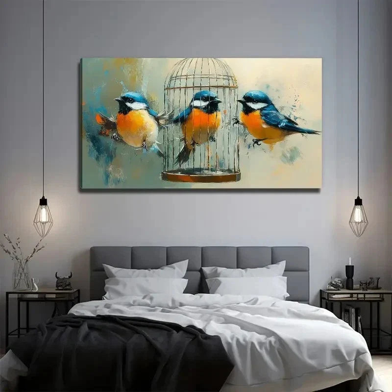 Fat Birds Yellow Suitable Wall Art Canvas Office Home Room Framed 120x60cm