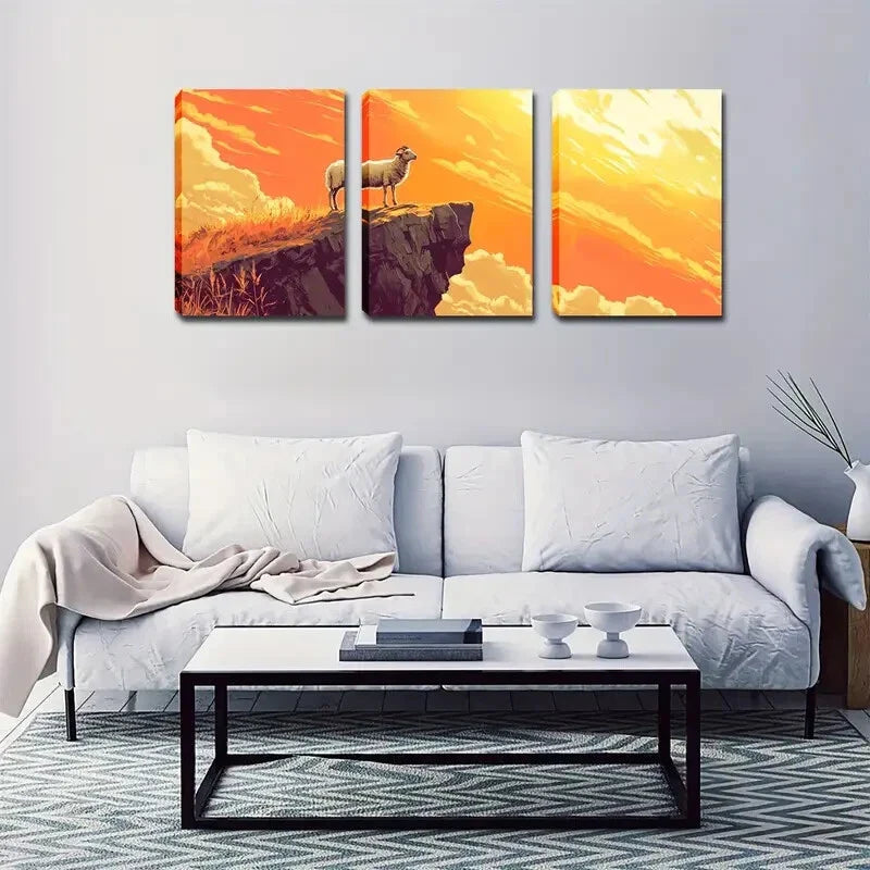 3pcs  Sheep Standing on a Cliff ,  Wall Art Set Canvas Framed 40x60cm - High Quality Print 100% Australian Made Wall Canvas Ready to Hang