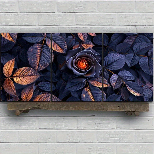3pcs Purple Roses Stunning Golden Metal Print Ready to Hang Art