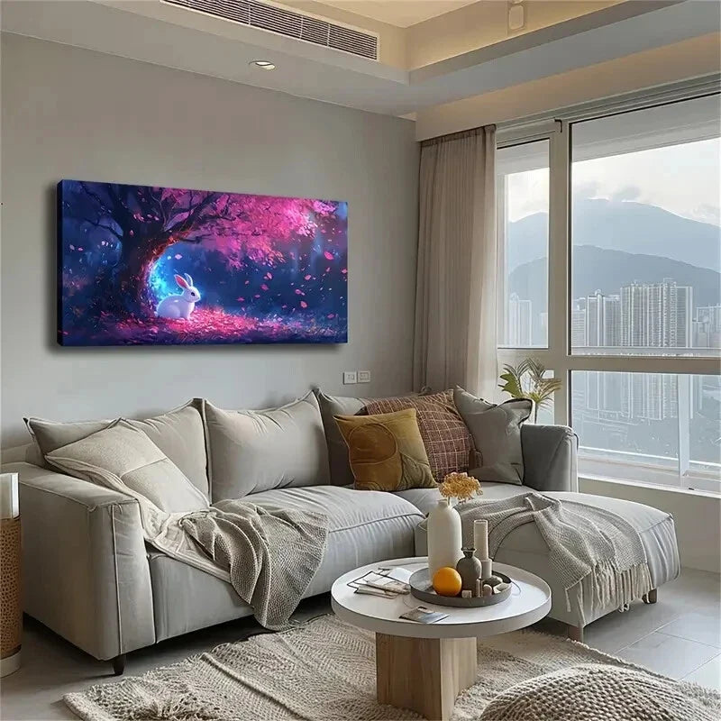 Rabbit Under Tree with Vibrant Wall Art Canvas Office Home Room Framed 120x60cm