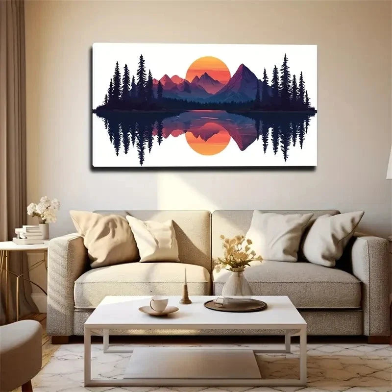 Trees & Mountain Reflections Wall Art Canvas Office Home Room Framed 120x60cm