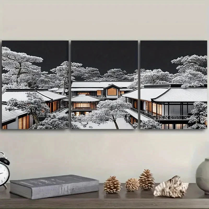 3pcs Ancient architecture Art Painting Metal Print Ready to Hang Art