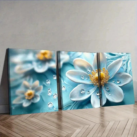 3pcs Featuring Turquoise Glass Flowers Wall Art Set Canvas Framed 40x60cm - High Quality Print 100% Australian Made Wall Canvas Ready to Hang