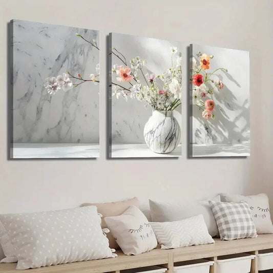 3pcs Botanical Floral Marble Vase Wall Art Set Canvas Framed 40x60cm - High Quality Print 100% Australian Made Wall Canvas Ready to Hang