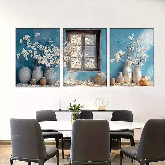 3pcs White Blossom Flowers-Vintage Floral  Wall Art Set Canvas Framed 40x60cm - High Quality Print 100% Australian Made Wall Canvas Ready to Hang
