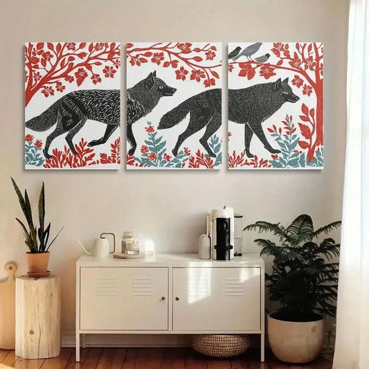 3pcs Black and Red Forest With Three Wolves Metal Print Ready to Hang Art