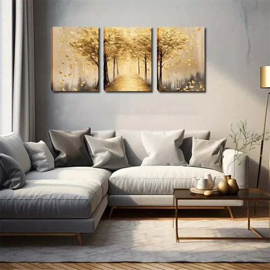 3pcs Earthy Yellow Color And Fallen Leaves Wall Art Set Canvas Framed 40x60cm - High Quality Print 100% Australian Made Wall Canvas Ready to Hang